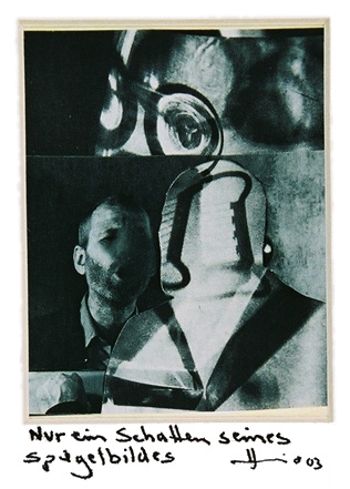 Haimo Hieronymus: "nur ein Schatten seines Spiegelbildes", Collage, 6,5x8,5cm, 2003
