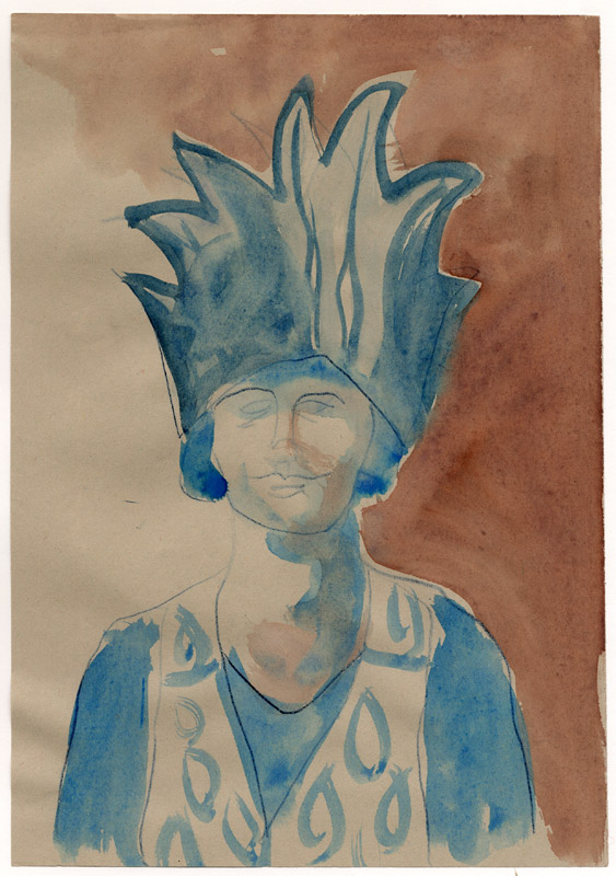 Juergen Koenigs: Frau mit Papiermütze, watercolors and pen on paper, 2008, 21,4 x 30,4 cm