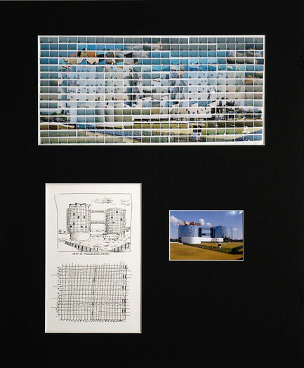 Thomas Kellner: 49#34, Brasilia, Headquarters of the Attorney General’s Office, 2008, sketch of 14 x 11 cm & story board 14 x 11 cm inkpen on paper, 360 index C-prints 42,5 x 20 cm mounted on paper, one C-Print 15 x 10 cm, together in a mat of 58 x 70 cm