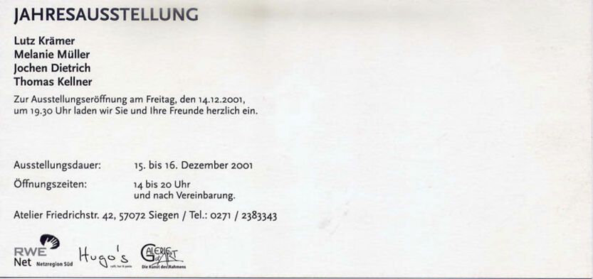 December 2001: Jahresausstellung mit Arbeiten von Lutz Krämer, Jochen Dietrich, Thomas Kellner und Melanie Müller