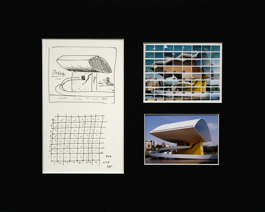 49#18, Curitiba, Museo Oscar Niemeyer, 2008, sketch of 12 x 11 cm & story board 10 x 10 cm inkpen on paper, 64 index C-prints 14 x 10,5 cm mounted on paper, one C-Print 15 x 10 cm, together in a mat of 50 x 40 cm