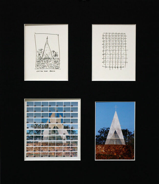 49#22, Brasilia, Ermida Dom Bosco, 2008, sketch of 6 x 8,5 cm & story board 6 x 8,5 cm inkpen on paper, 70 index C-prints 12,5 x 13,5 cm mounted on paper, one C-Print 10 x 15 cm, together in a mat of 38 x 44 cm