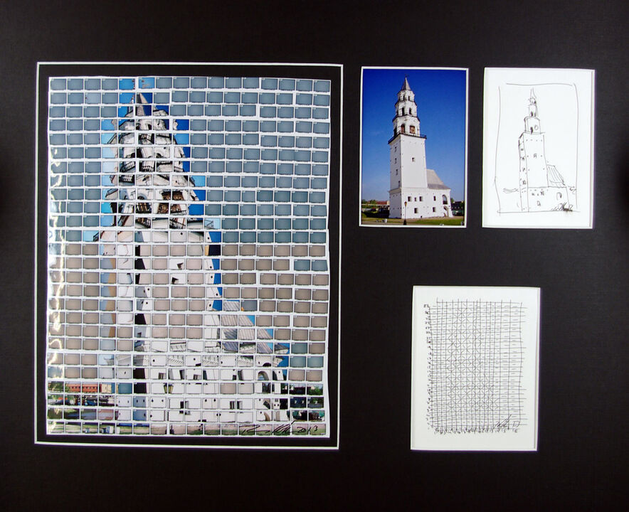 Design für den schiefen Turm von Newjansk 50 x 60 cm, Skizze 15 x 10 cm, Story Board 15 x 11 cm, Tinte auf Papier, 416 Index C-Prints 35 x 28 cm, ein C-Print 15 x 10 cm, 2013