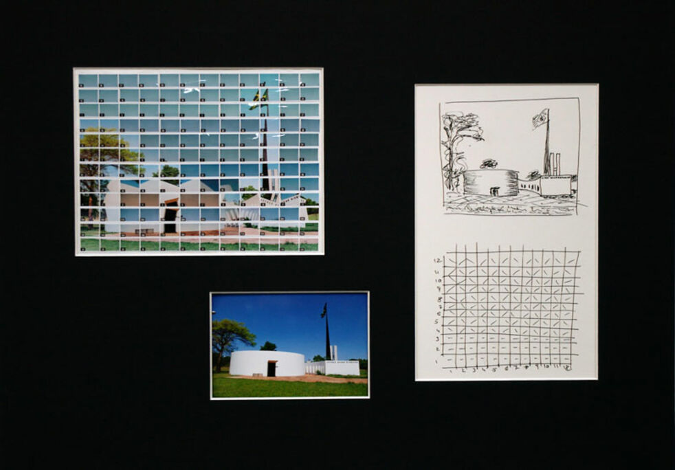 Thomas Kellner: 49#33, Brasilia, Espaco Oscar Niemeyer, 2008, sketch of 12 x 10 cm & story board 12,5 x 11 cm inkpen on paper, 144 index C-prints 21 x 16 cm mounted on paper, one C-Print 15 x 10 cm, together in a mat of 60 x 43 cm