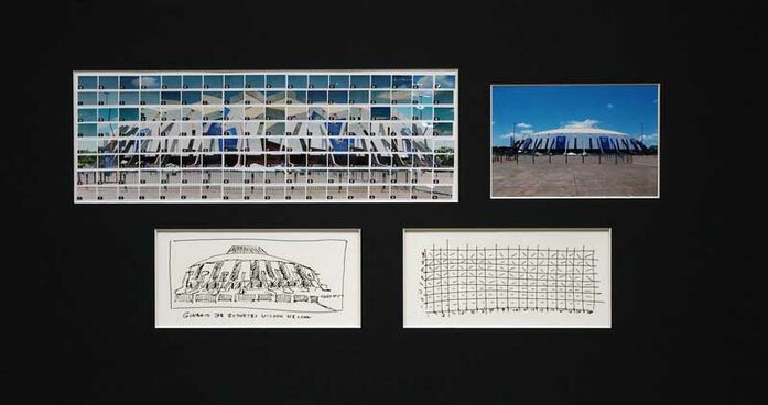 49#27, Brasilia, Ginasio De Esportes Nilson Nelson 2008 sketch of 14,5 x 6 cm & story board 14,5 x 5,5 cm inkpen on paper, 144 index C-prints 32 x 10,5 cm mounted on paper, one C-Print 15 x 10 cm, together in a mat of 65 x 35 cm