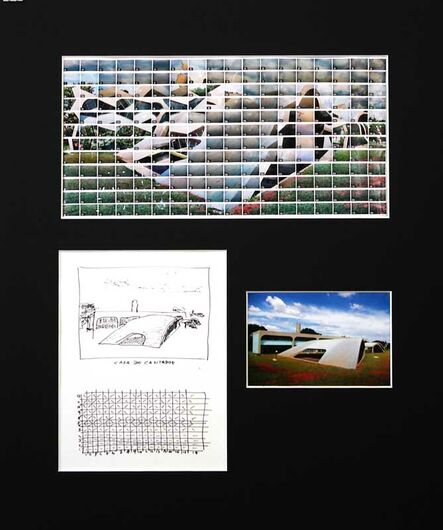 Thomas Kellner: 49#46, Brasilia, Haus der Cantador, 2009, Skizze & Storyboard 16 x 21 cm Tintenfeder auf Papier, 216 Index C-Prints 32 x 16 cm auf Papier, ein C-Print 15 x 10 cm , zusammen in einer Matte von 44 x 52 cm