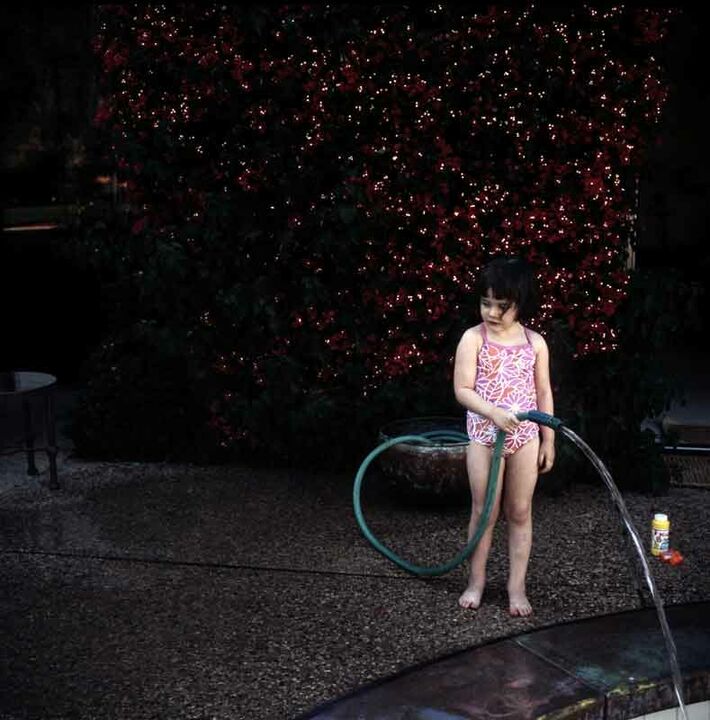 Suzette Bross: Lucy Watering the Pool, digital inkjet print, 2008, 12" x 12"