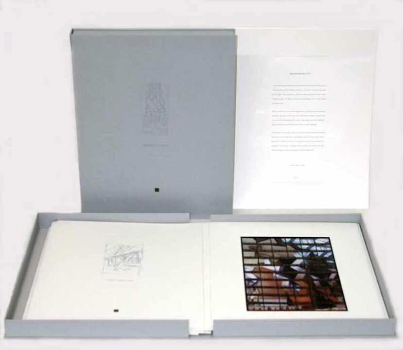 Linen bound portfolio box with 7 images of Hearst Tower in New York