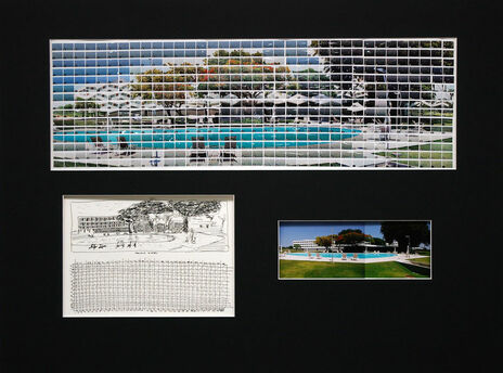 Thomas Kellner: 49#36, Brasilia, Palace Hotel, 2008, sketch of 25 x 8 cm & story board 25 x 8 cm inkpen on paper, 540 index C-prints 63,5 x 20 cm mounted on paper, 2 C-Prints 24 x 9 cm, together in a mat of 80 x 60 cm