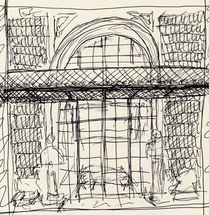 Thomas Kellner Skizze für: The Boston Athenaeum, Bartolini & Horatio waiting infront of the Long Room on the 1st Floor