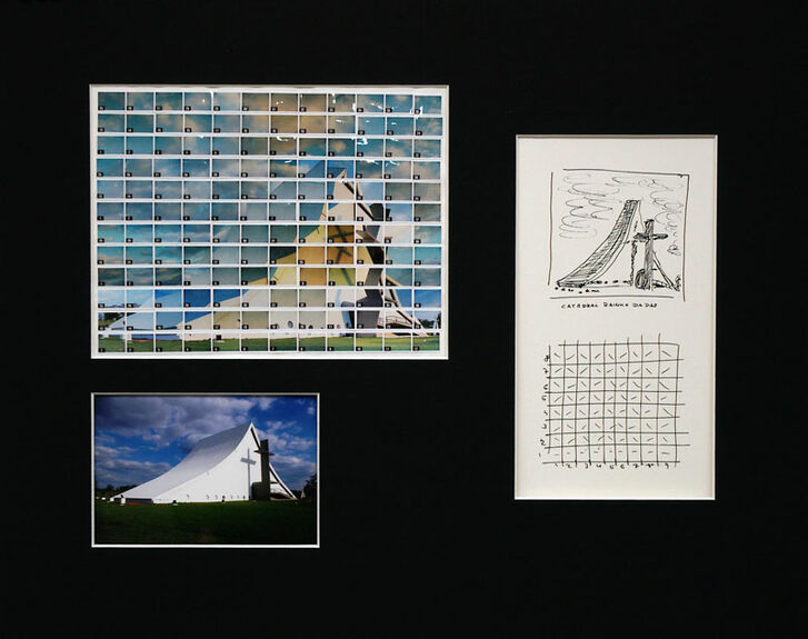 49#25, Brasilia, Catedral Rainha Da Paz, 2008, sketch of 8,5 x 8 cm & story board 8,5 x 8,5 cm inkpen on paper, 144 index C-prints 21 x 16 cm mounted on paper, one C-Print 15 x 10 cm, together in a mat of 50 x 40 cm