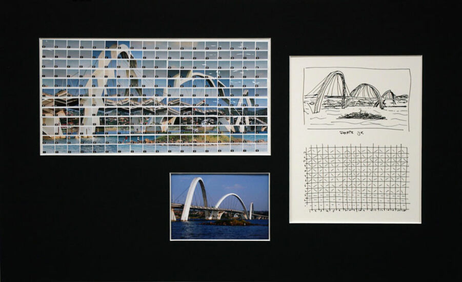 49#21, Brasilia, Ponte JK, 2008, sketch of 14,5 x 8,5 cm & story board 14,5 x 9 cm inkpen on paper, 216 index C-prints 32 x 16 cm mounted on paper, one C-Print 15 x 10 cm, together in a mat of 65 x 40 cm