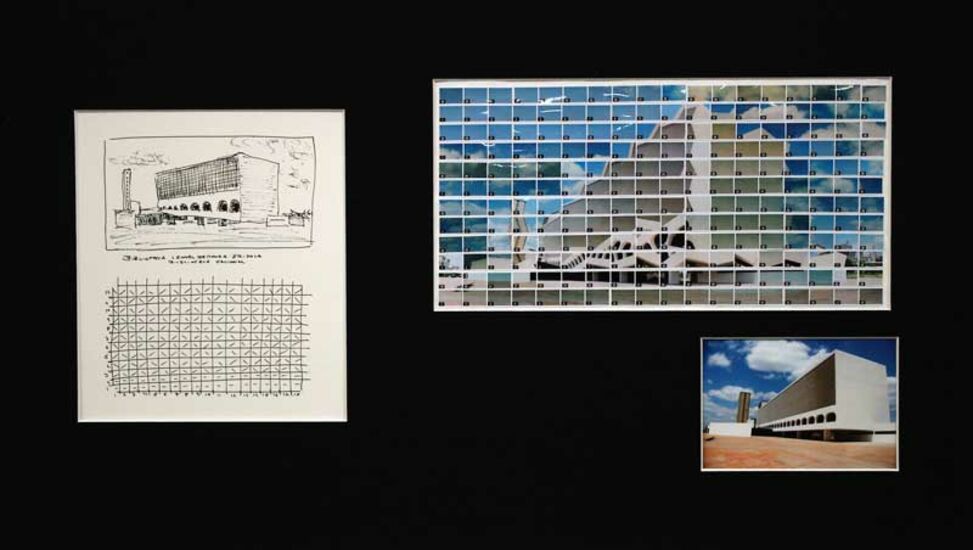 49#23, Brasilia, Nationalbibliothek, 2008, Skizze von 15 x 8 cm & Storyboard 15 x 8,5 cm Tintenstift auf Papier, 216 Index C-Prints 32 x 16 cm auf Papier montiert, ein C-Print 15 x 10 cm, zusammen in einem Passepartout von 70 x 40 cm