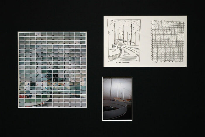 49#28, Brasilia, Museo Nacional, 2008, sketch of 10 x 13 cm & story board 10 x 13 cm inkpen on paper, 216 index C-prints 21 x 23,5 cm mounted on paper, one C-Print 10 x 15 cm, together in a mat of 65 x 45 cm