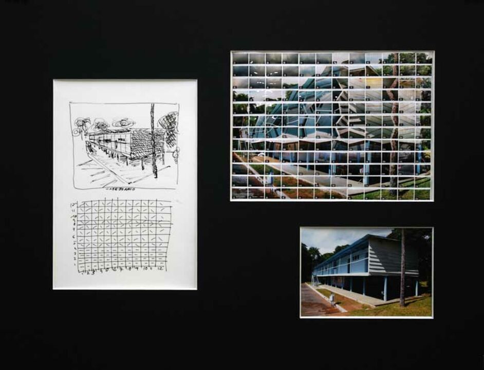 Thomas Kellner: 49#45, Brasilia, Catetinho, 2009, Sketch & story board of 21 x 15,6 cm inkpen on paper, 144 index C-prints 15 x 22 cm mounted on paper, one C-Print 15 x 10 cm , together in a mat of 52 x 40 cm