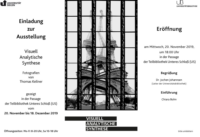 Einladung zur Ausstellung Thomas Kellner – Visuell Analytische Synthese in der Teilbibliothek Unteres Schloss, Universität Siegen 